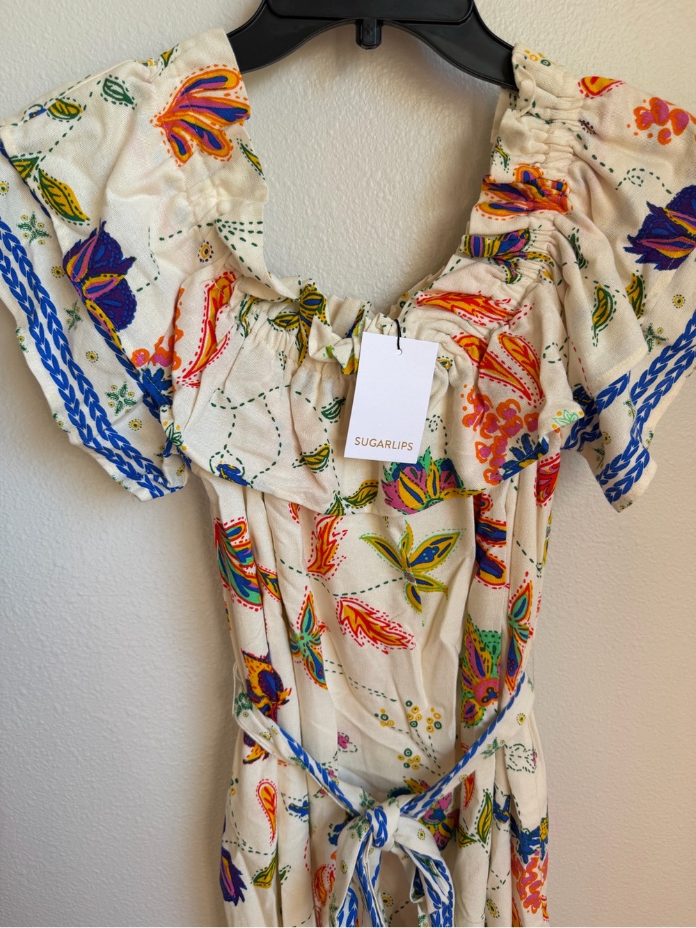 NWT SugarLips Miraflor Off Shoulder Linen Blend Floral Maxi Dress Belted Sz S - Picture 3 of 8